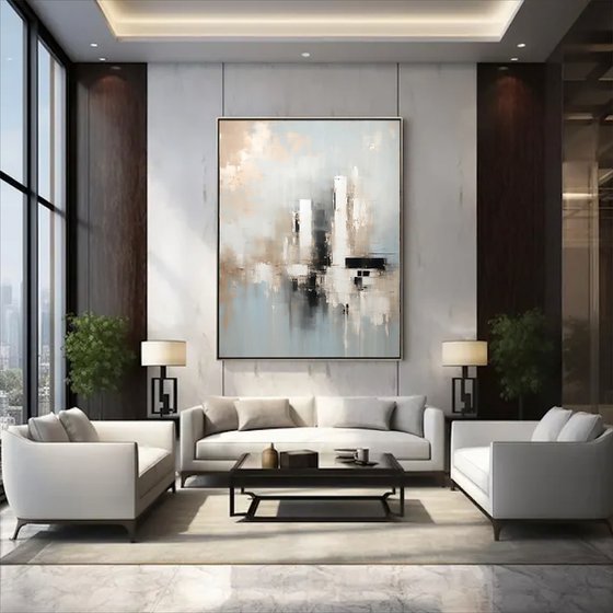 Abstract Cityscape in Blue Grey and Beige