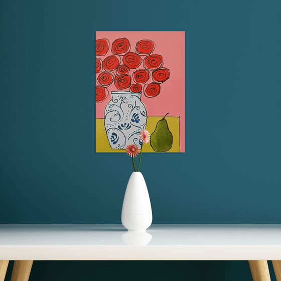 Red Roses in a Chinese Vase