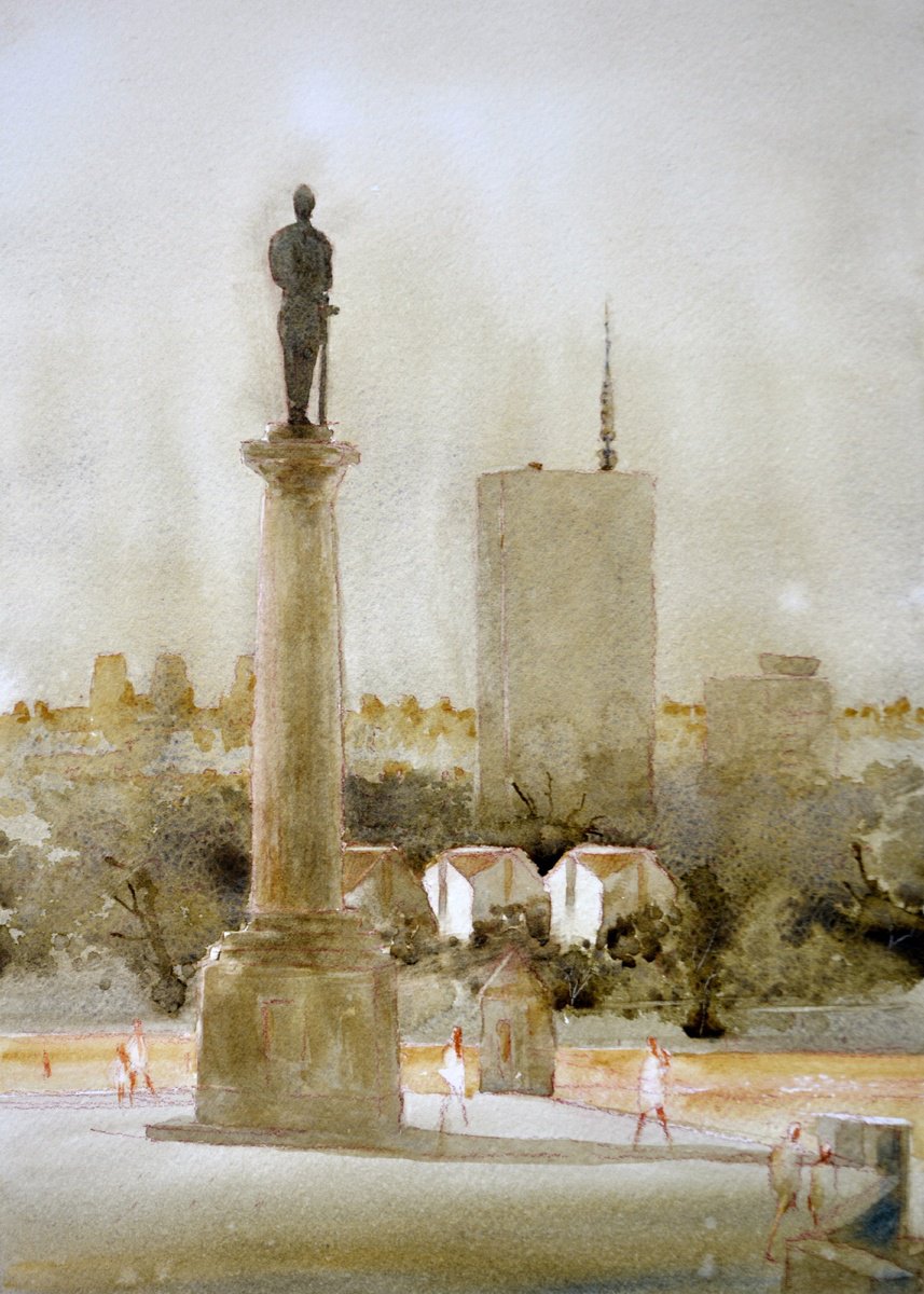 Impressionistic Cityscapes Watercolour By Nenad Kojic, 11 X 15", The Cloud Above The Statue Of, Original Artwork