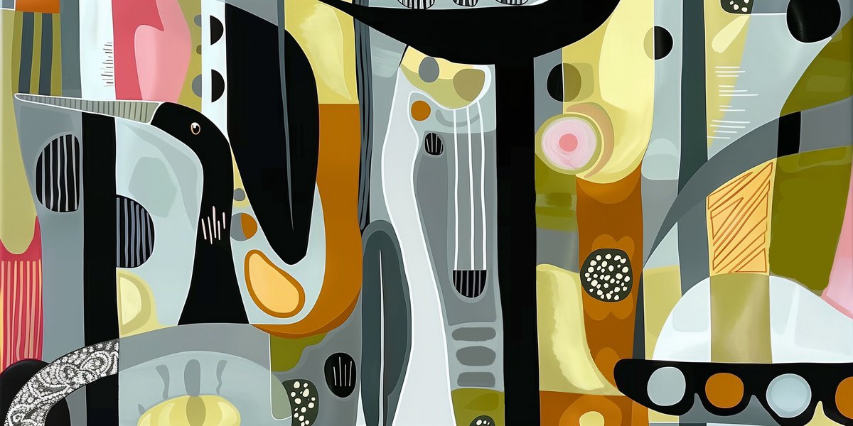 Abstract Acrylic Painting By V+V Kniazievi, 79 X 39", Geometric Abstraction With Birds #4, Original Artwork