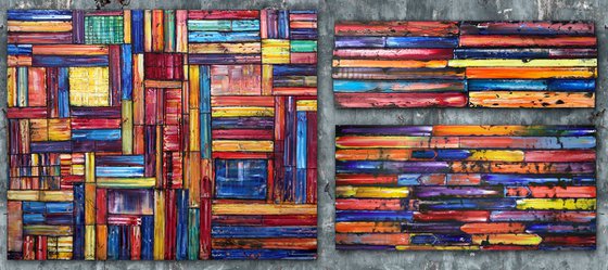 "Building A Fortress" - Original Xt Large PMS Abstract Triptych Oil Paintings On Canvas, Wooden Panels and Wooden Pieces - 108" x 48"