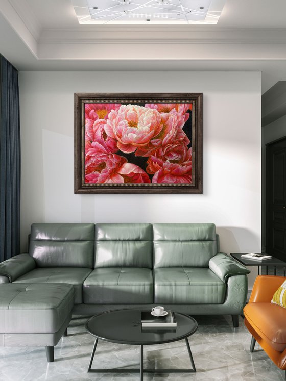 Red peonies on dark background