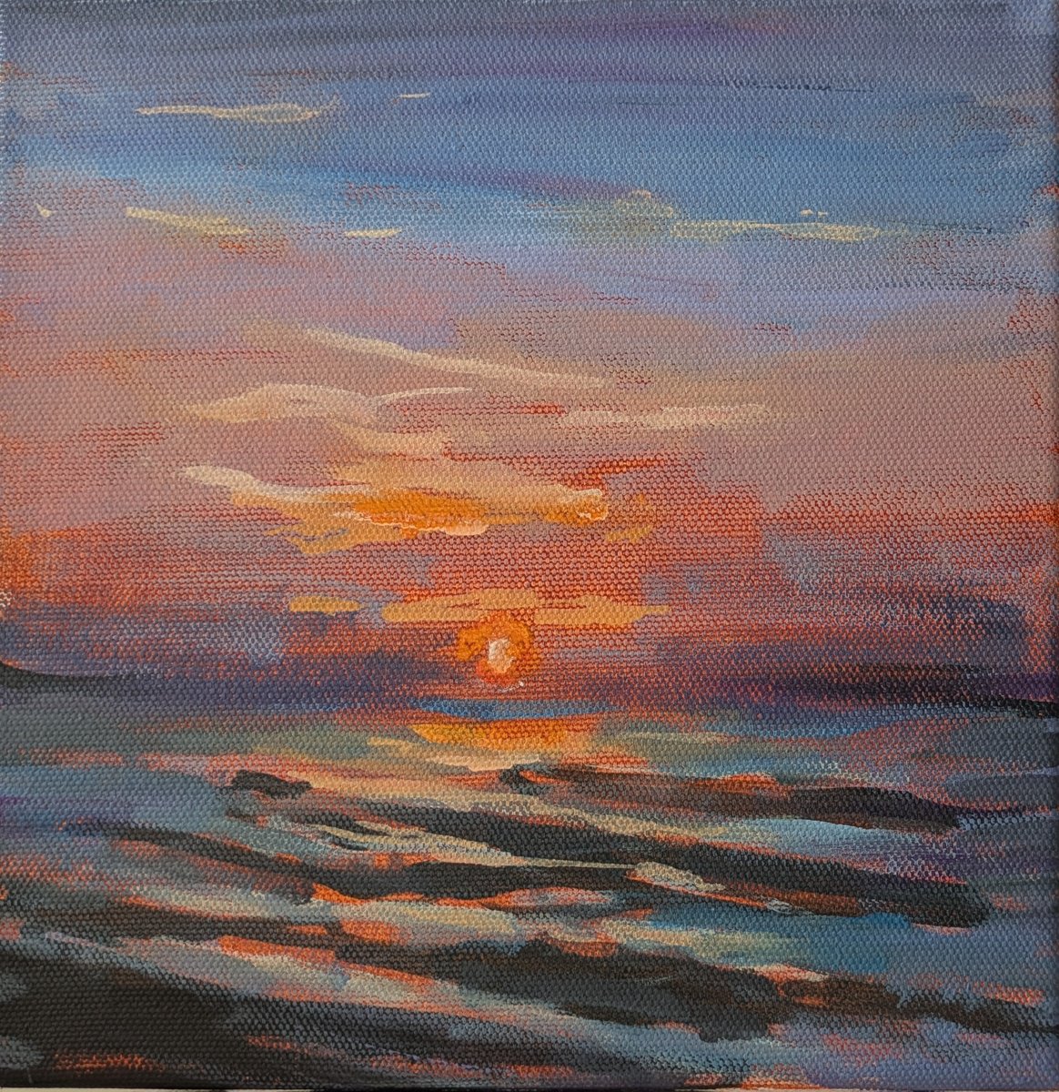 Impressionistic Landscape Painting By Anna Brazhnikova, 8 X 8, Glowing Sunrise, Original Artwork