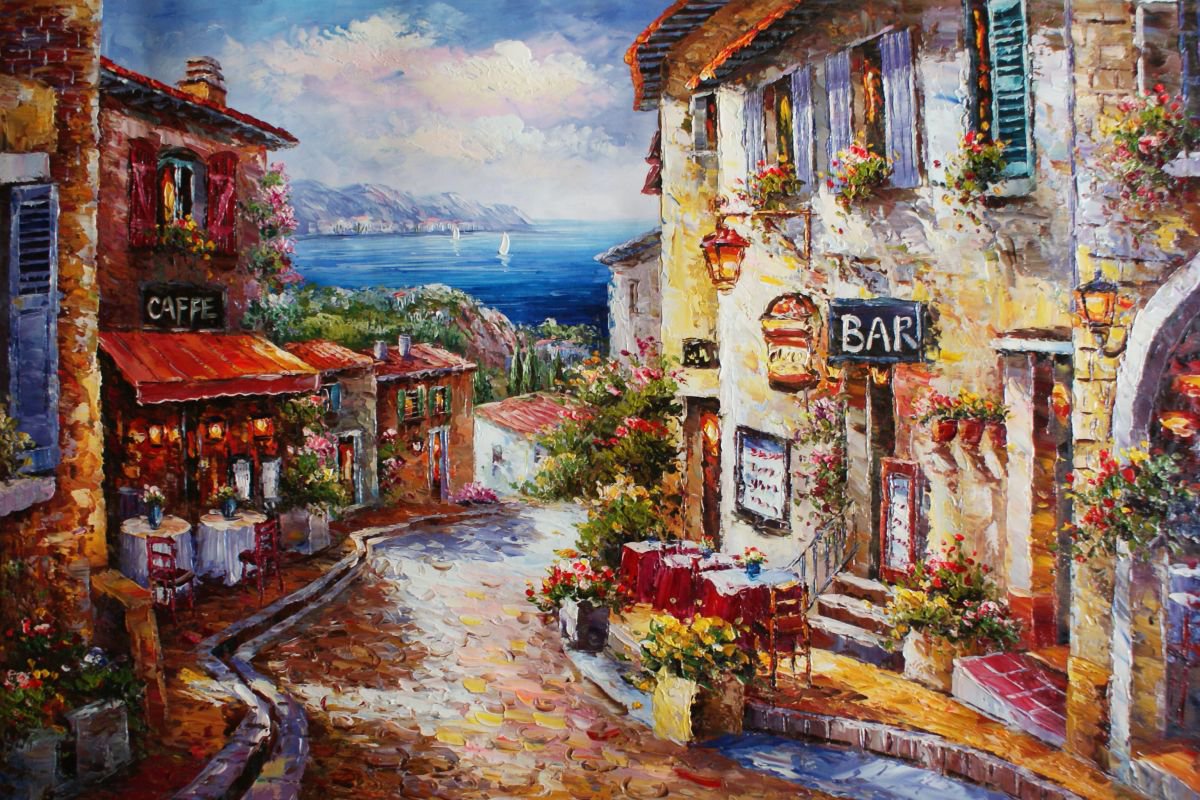 Streets of Greece. Canvas/Oil. Size 60x90 cm by Thomas Wu