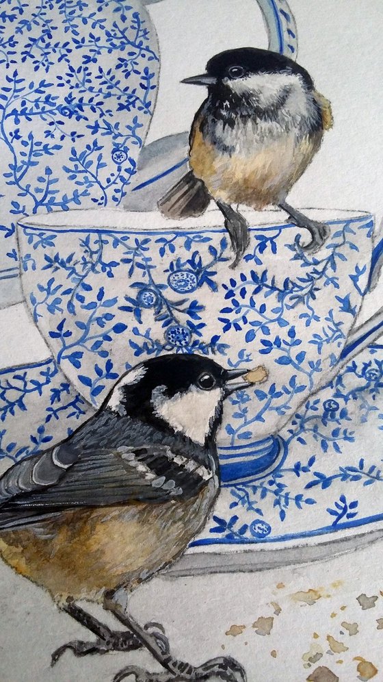 Oh crumbs ( Blue and white China tea set and birds watercolour painting )