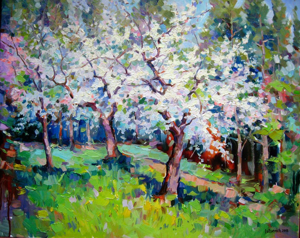 Impressionistic Landscape Oil Painting By Vladimir Lutsevich, 24 X 20", Spring Garden, Original Artwork