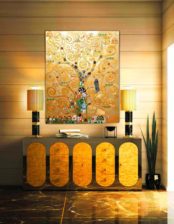 Tree of life Gustav Klimt. Precious stones golden relief painting