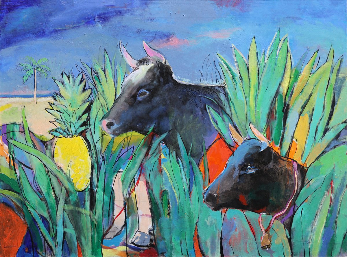 Surrealistic Acrylic Painting , Cows Looking For Pineapples By Artem Andreichuk, 45 X 33, Artwork For Sale On Artfinder