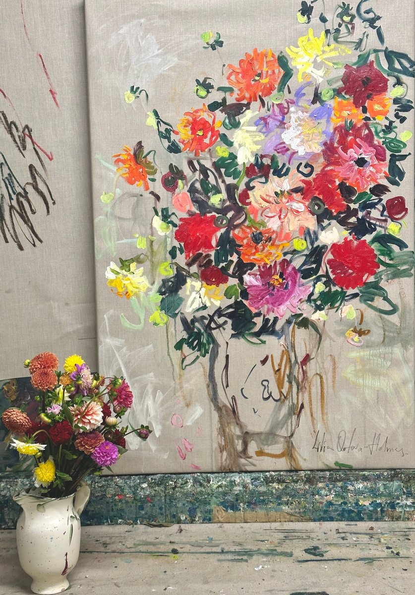 Expressive Botanical Oil Painting By Lilia Orlova-Holmes, 31 X 47", Bouquet Of Dahlias, Original Artwork