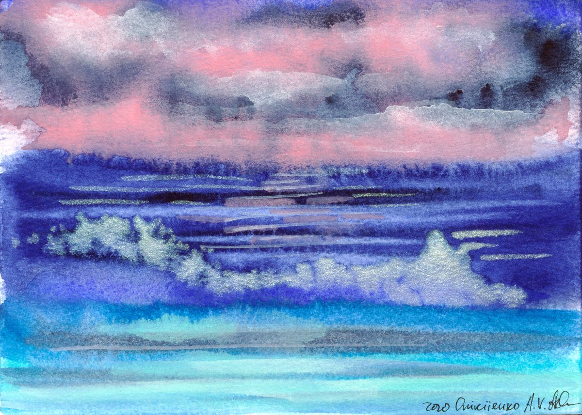 Abstract sea ocean. Abstract seascape. Pink clouds by Anna Onikiienko