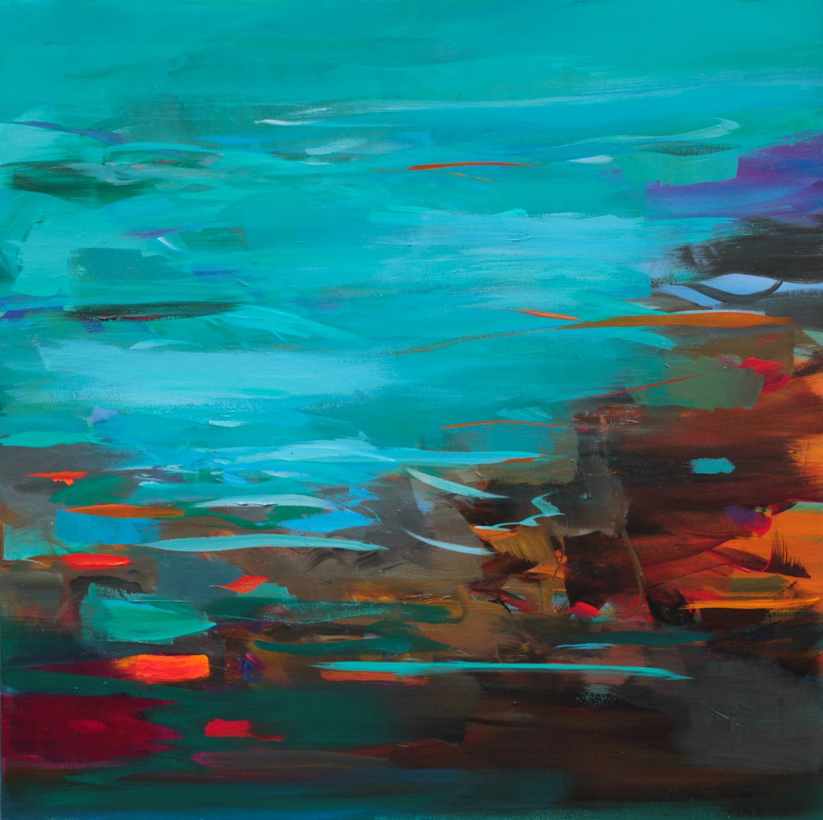 Abstract Landscape Acrylic Painting By Ute Laum, 39 X 39", Revealing Secrets, Original Artwork