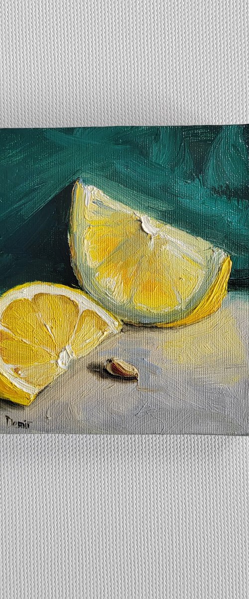 Lemon fruit still life oil painting realistic citrus wall decor 4x4" by Leyla Demir