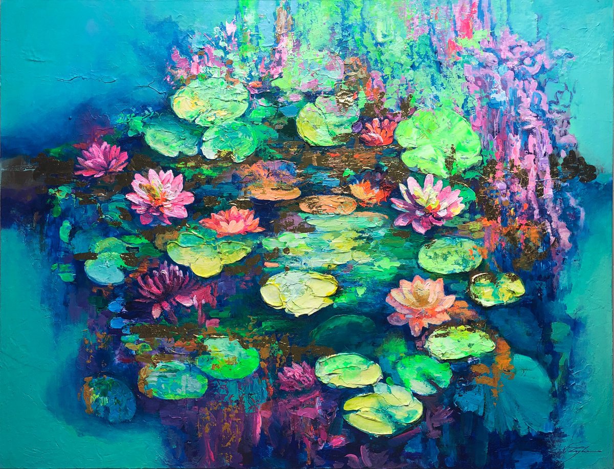 Impressionistic Botanical Acrylic Painting By Viacheslav Zaykin, 46 X 35", Lilies In The Pond.| Floral Art, Original Artwork