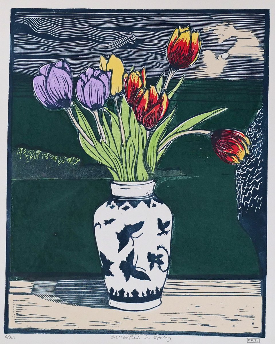 Illustrative Linocut , Butterflies In Spring By Keith Alexander, 20 X 24, Artwork For Sale On Artfinder