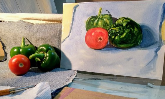 Still life with bell peppers and tomato 2