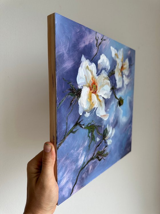 White Anemone flowers and thunder sky