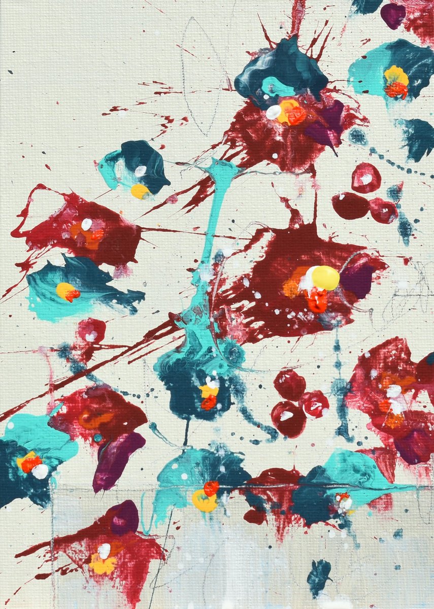 Abstract Botanical Painting By Cynthia Ligeros, 5 X 7, Flowers Of Harvest, Original Artwork