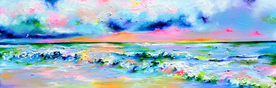 New Horizon 139 - 120x40 cm, Colourful Painting, Colourful Sunset Painting, Impressionistic Colorful Painting, Large Modern Ready to Hang Abstract Landscape, Pink Sunset, Sunrise, Ocean Shore