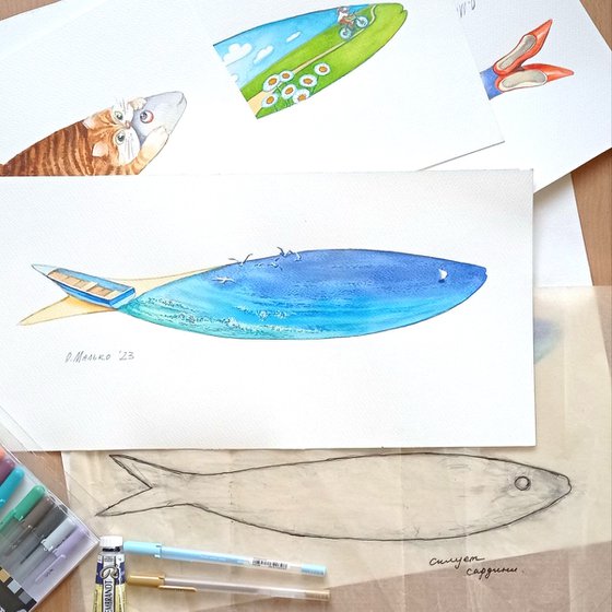 Flight of a kite 42x20cm. Sea Symphony 42x20cm. Set from the series My Sardines / ORIGINAL art Fish picture