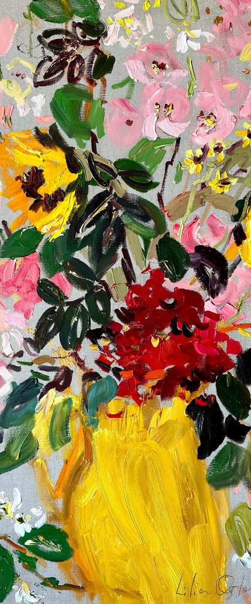Summer flowers in a yellow jug. by Lilia Orlova-Holmes