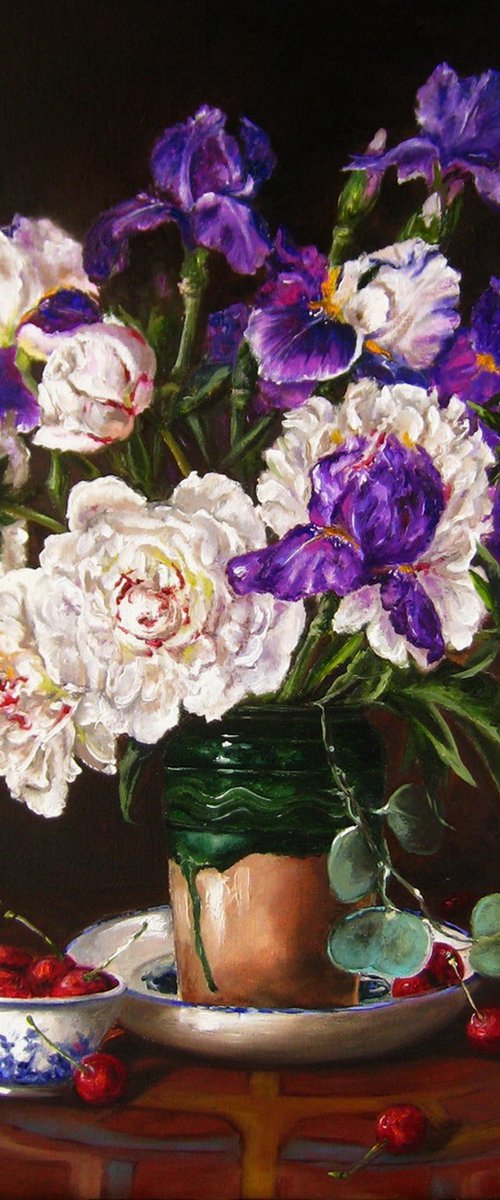 White Peony and Purple Irises by Natalia Shaykina