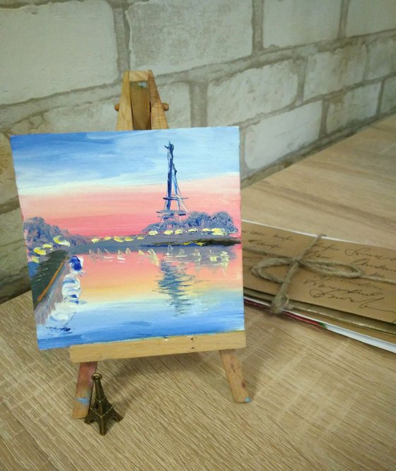 Sunset at the Seine river in Paris miniature painting