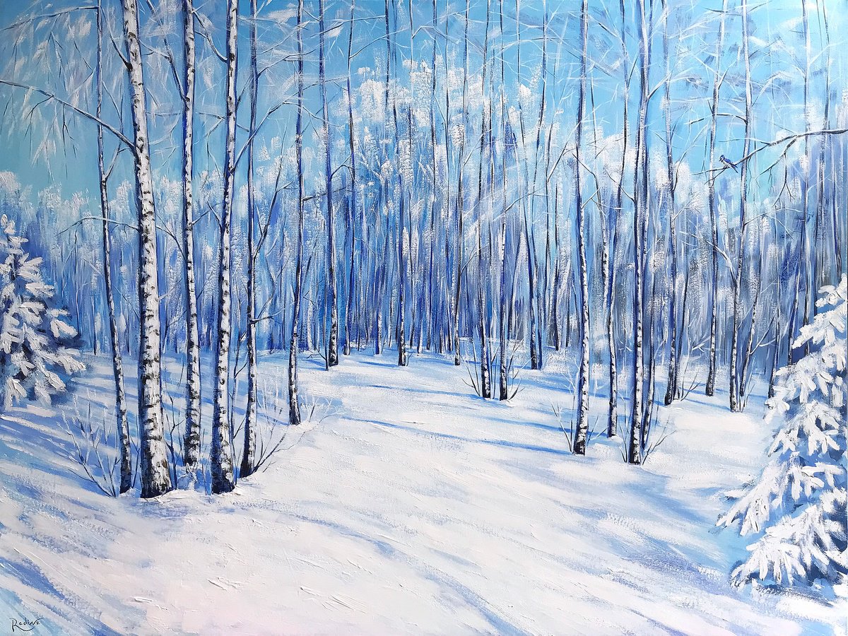 Impressionistic Landscape Oil Painting By Irina Redine, 48 X 36, Winter Forest, Original Artwork