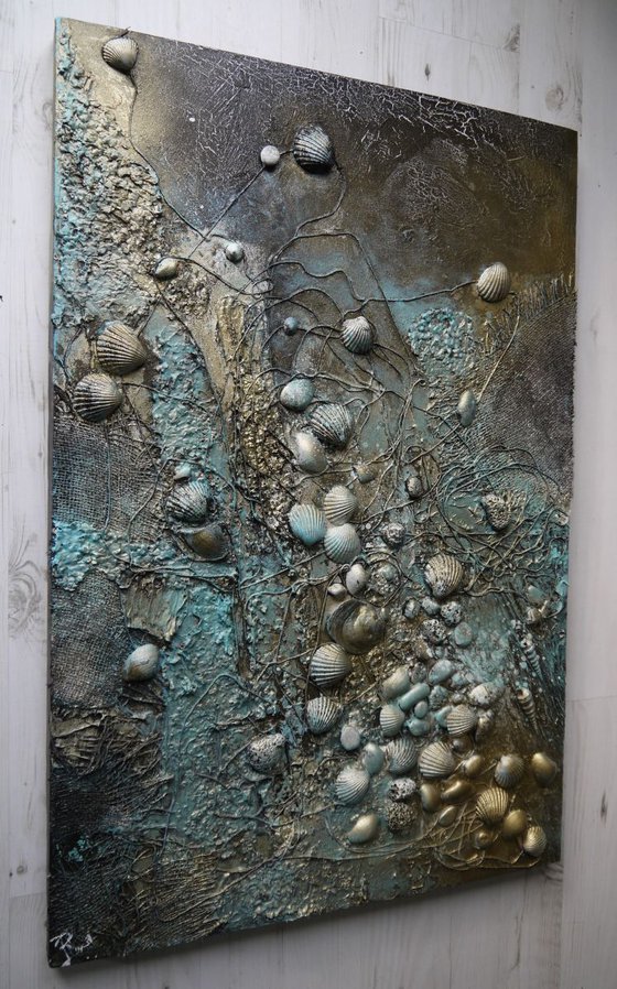 On The Shore - Large 90cm x 60cm, heavily textured mixed media painting, ready to hang