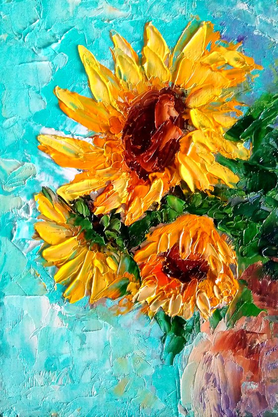 Bouquet of Sunflowers 2 Floral Painting Original Art Small Oil Artwork Bouquet of Flowers Wall Art