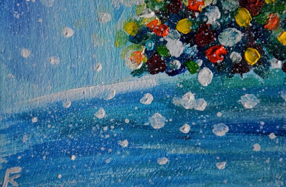 Christmas tree original acrylic painting, New Year pine tree picture, winter snow landscape