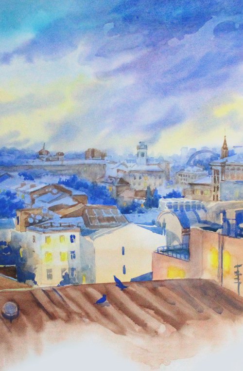 Watercolor sunset blue and yellow evening cityscape by Marta Nyrkova