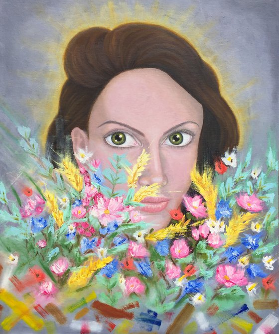 Be able to create. Woman oil portrait. Abstract flowers 60x50x0.5cm/23.6x19.7in