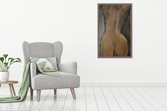 NUDE. NIGHT - original painting, nude erotic art, dark coloured female figure, nude girl back night