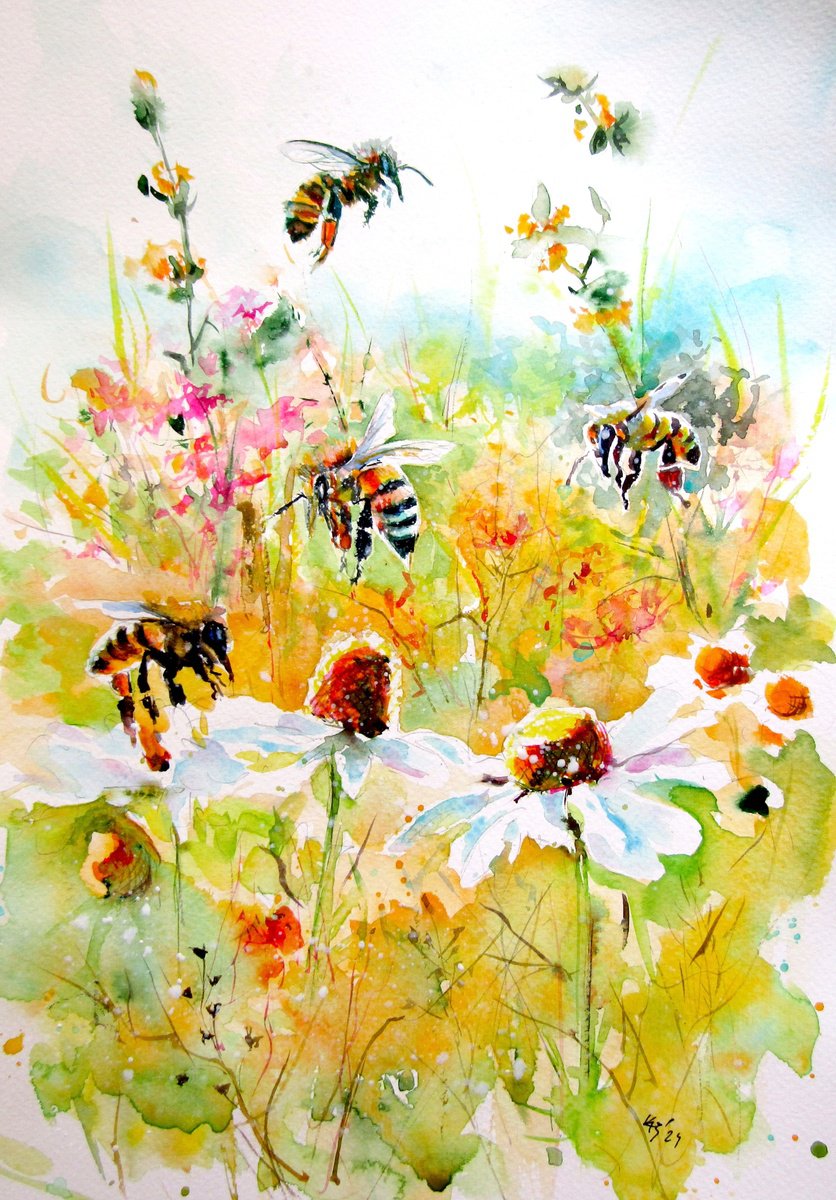 Impressionistic Animal Watercolour By Kovacs Anna Brigitta, 10 X 15", Bees And Flowers Iv, Original Artwork