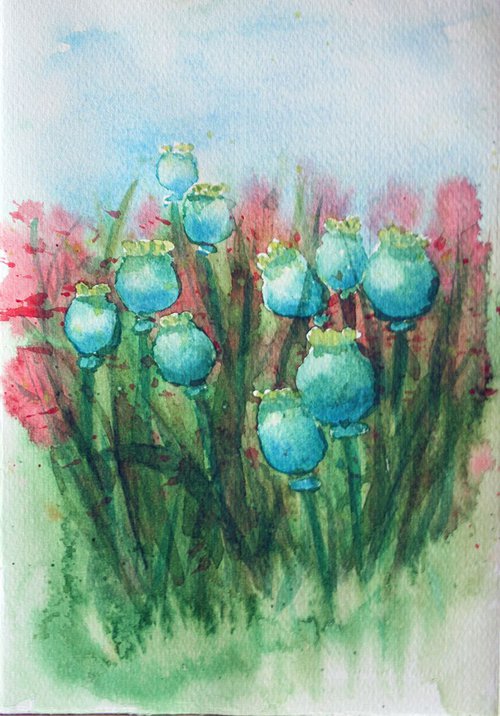 Poppy Buds  / Original Painting / emotion in the portrait of a flower / color harmony of watercolor / a gift for you by Salana Art Gallery