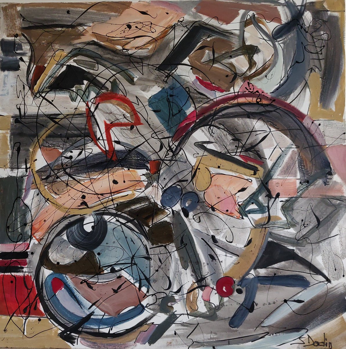 Abstract Acrylic Painting By Sylvie Dodin, 39 X 39", Turmoil Idea, Original Artwork