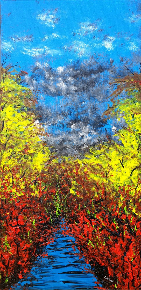 Impressionistic Landscape Acrylic Painting By Daniel Urbani?k, 12 X 24, Burning River, Original Artwork