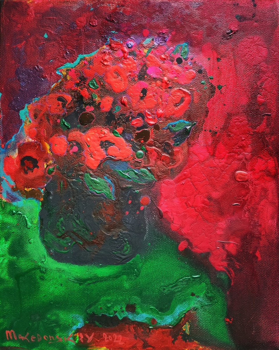 Impressionistic Botanical Acrylic Painting By Pavlo Makedonskyi, 16 X 20", Red Flowers, Original Artwork