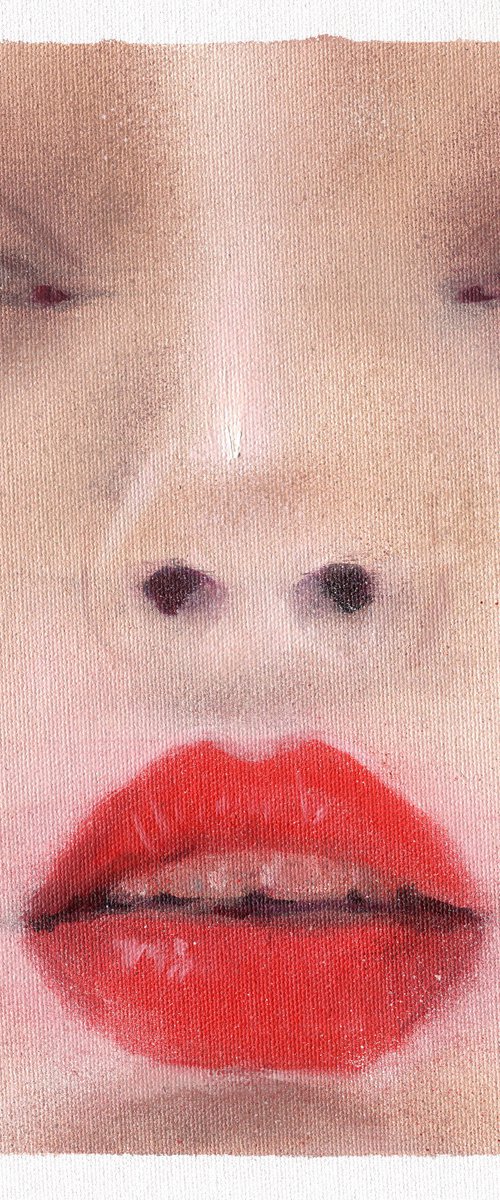 Sarah - beauty bright oil painting of  blonde women female on canvas with red lipstick contemporary portrait lady by Renske Karlien Hercules
