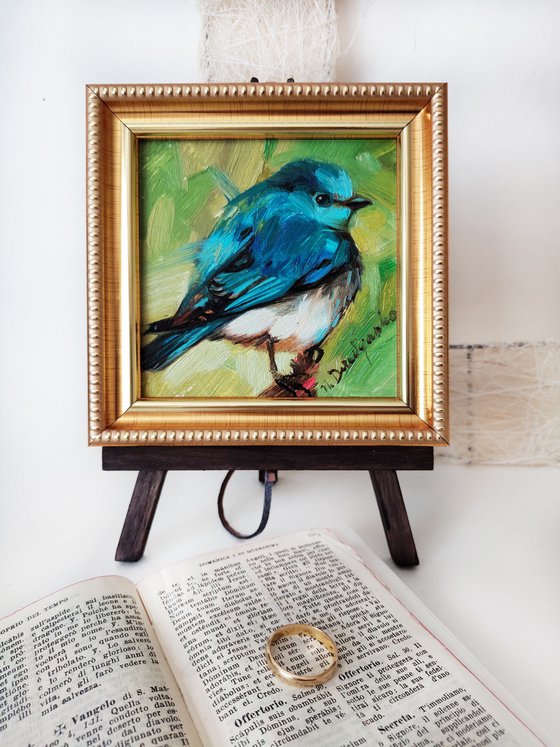 Teal bird miniature painting original 4x4 framed art, Blue Bird wall wildlife art gift for girlfriend