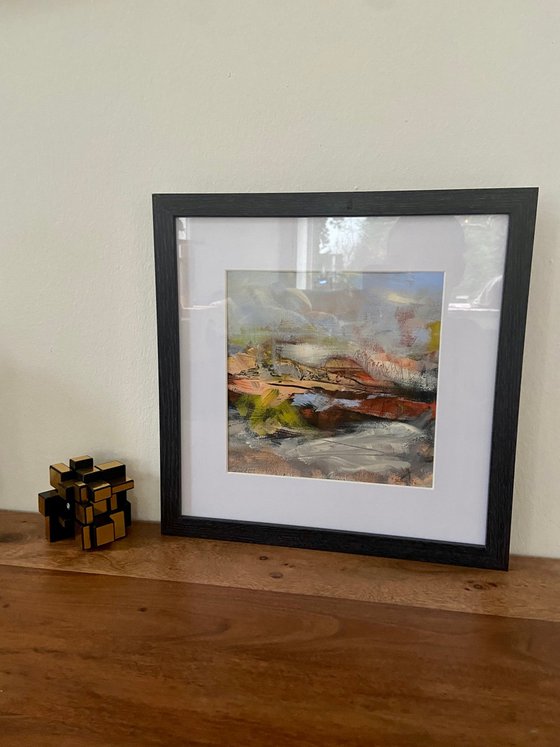LAST LEAVES - small framed abstract landscape, yellow orange blue, christmas gift