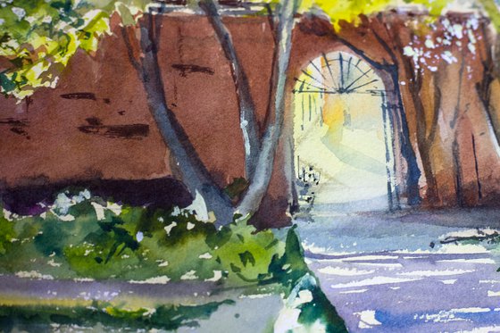 Secret garden in Salamanca. Almond in bloom. Big format watercolor urban landscape door interior decor romantic