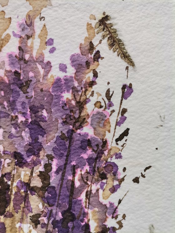 Bouquet of lavender.  Colored ink on handmade paper with natural flower petals