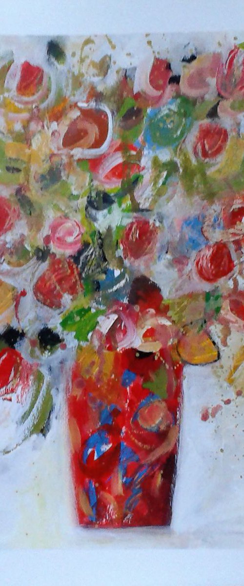 Mixed Flowers in a Red Vase by Jan Rippingham