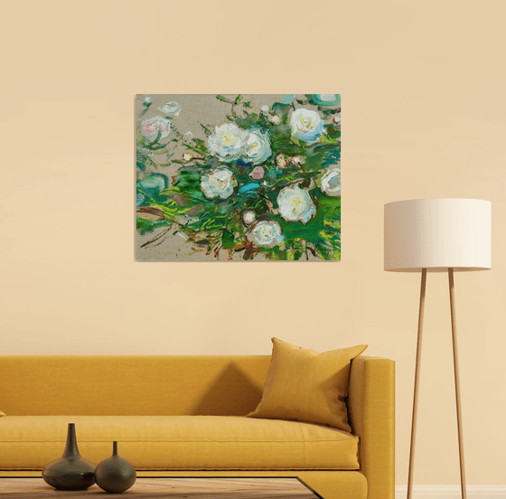 White Peonies . 65 x 80 cm. Large painting "A la prima" on linen canvas. Original oil painting