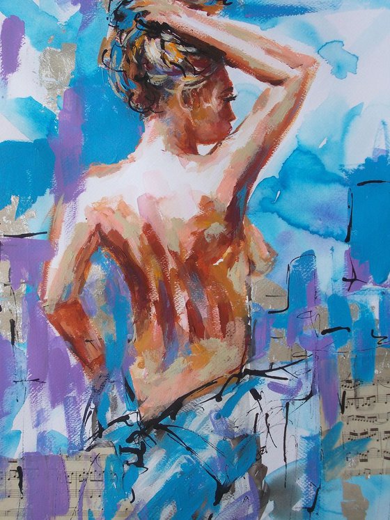 Lost In Blue - Woman Mixed Media Painting on Paper