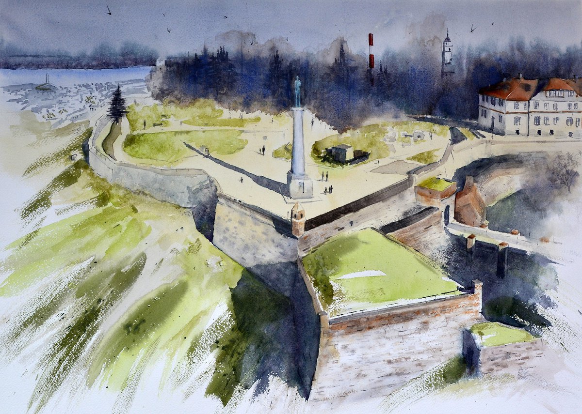Impressionistic Cityscapes Watercolour By Nenad Kojic, 30 X 22", Top View Of Kalemegdan Belgra, Original Artwork