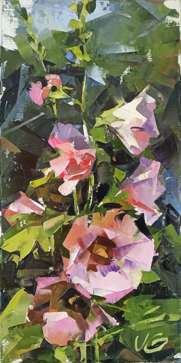 Impressionistic Botanical Oil Painting By Volodymyr Glukhomanyuk, 10 X 20", Series Mallows Part #2, Original Artwork
