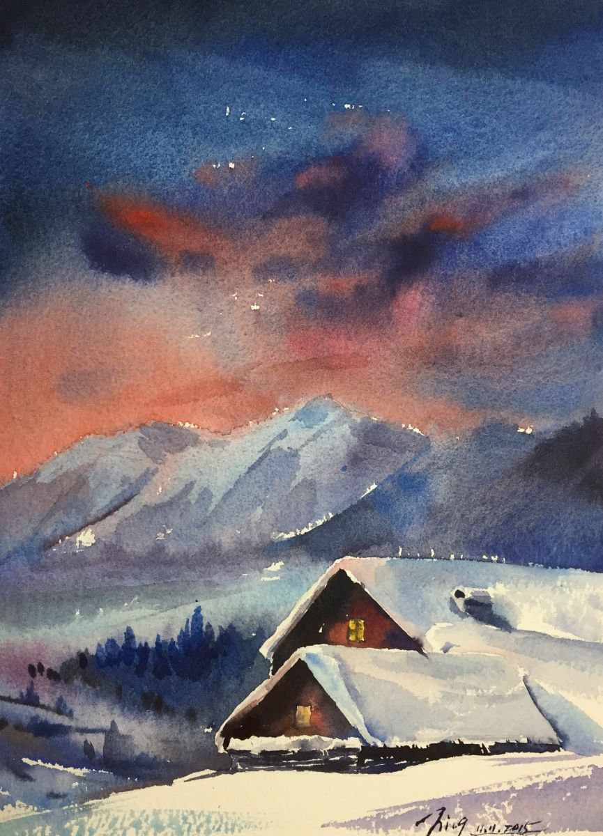 Impressionistic Landscape Watercolour By Jing Chen, 9 X 12, Snowy Cabin, Original Artwork