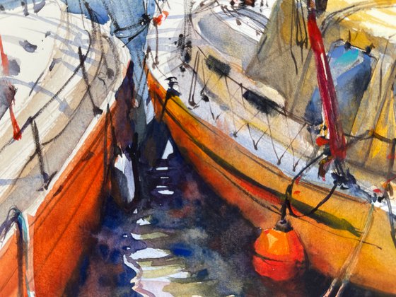 Yachts in the port. Watercolor painting